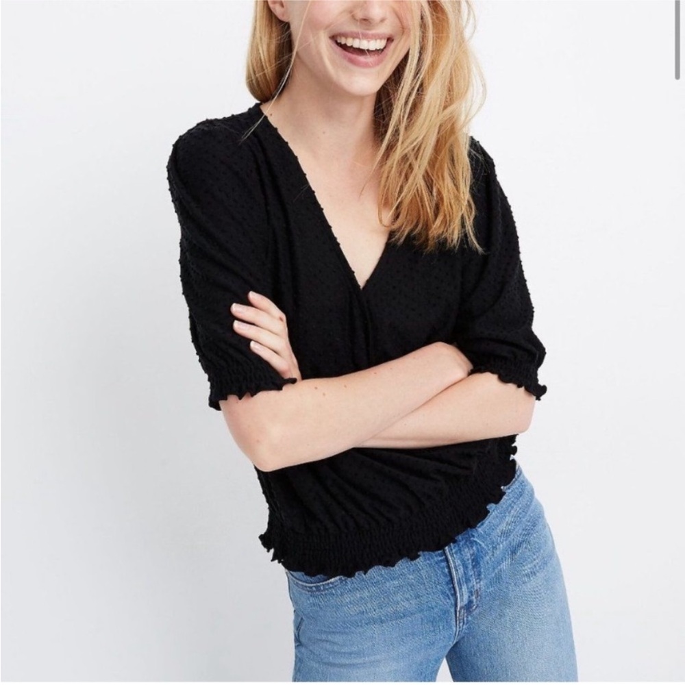Madewell Texture and Thread crossover top black Swiss dot size small